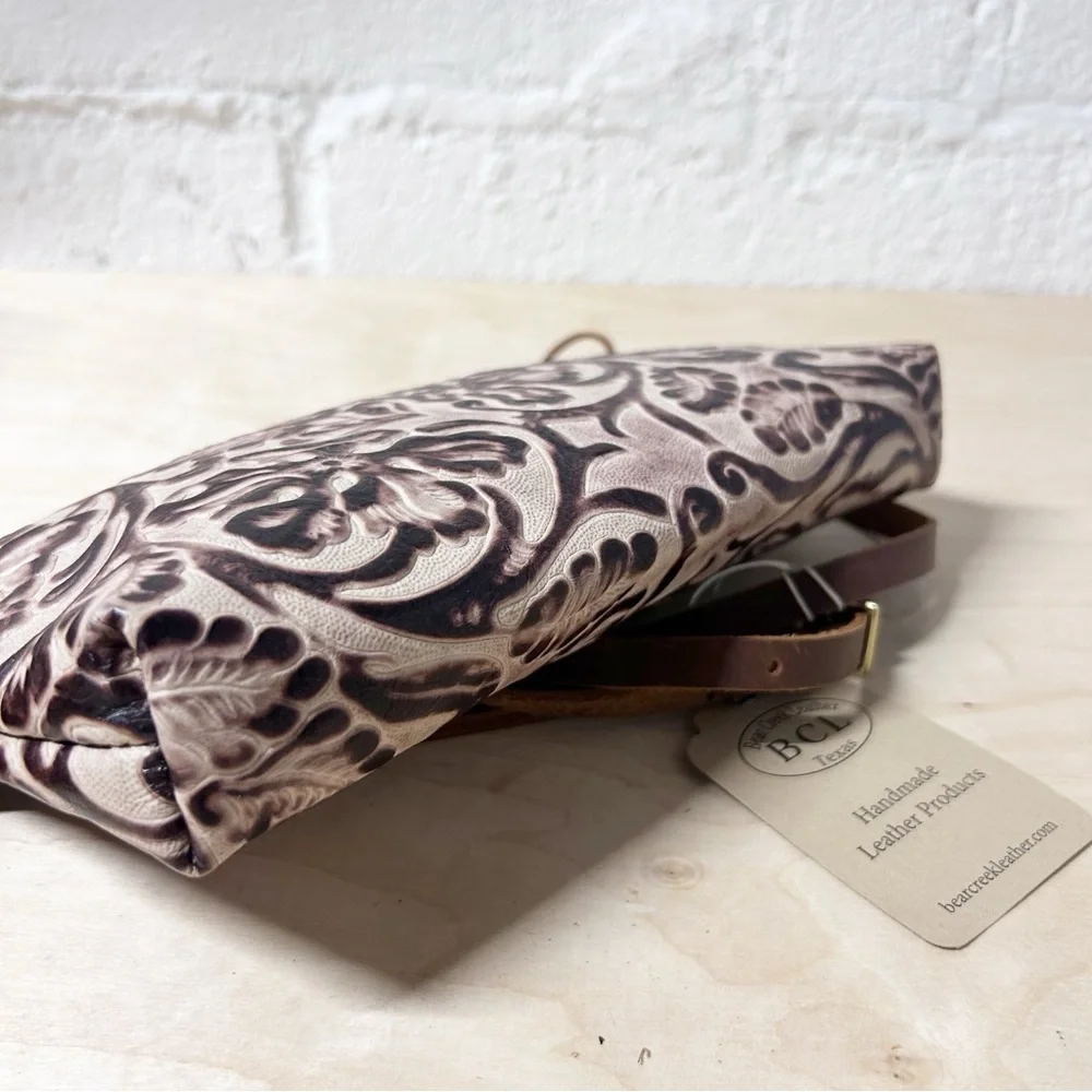 Bear Creek Leather Crossbody Bag with an Embossed Floral Design, Handmade, Brown